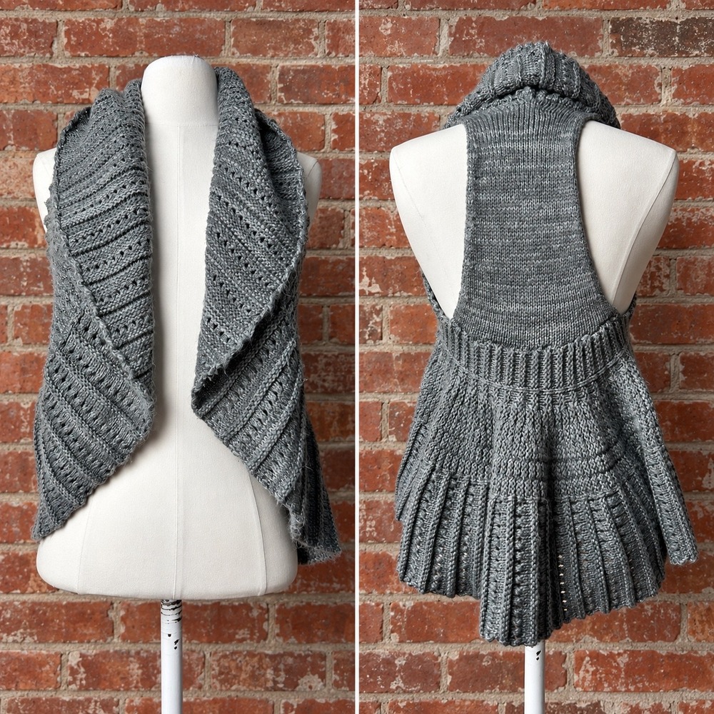 Y2K Mudd Gray Knit Vest Draped Open Front Peplum Cardigan M Indie Sleaze Boho